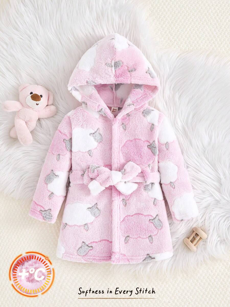 Cozy Pixies 女嬰可愛小羊提花圖案保暖內裡連帽長袖綁腰晨袍,厚實絨毛布料,適合秋冬穿著 - 粉色 - 查看 1