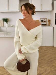EURMUSE Women Asymmetrical V-Neck Pullover & Sweater Pants Set - Cream - View 2