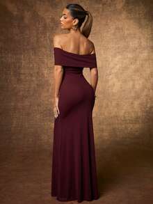 Hauture Sexy Off Shoulder Maxi Cocktail Dress – Front Gold Ornament For Night Out, Party & Holiday - Burgundy - View 5