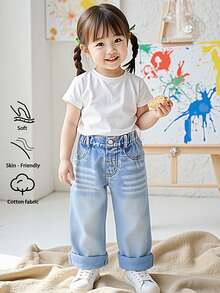 女宝宝浅蓝色阔腿牛仔裤，清新可爱浅蓝色 - 淺色水洗藍 - 查看 3