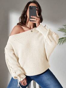 Elenzga Suéter de hombros descubiertos con cordón en unicolor, multicolor, talla grande - Beis - Ver 5