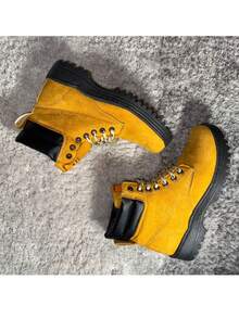 Hombre resistente punta redonda cordones suela antideslizante estilo outdoor trabajo camping bota casual - Amarillo - Ver 2
