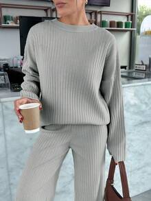 EURMUSE Ensemble sweat-shirt à manches longues avec épaules tombantes et pantalon de jogging - Gris - Voir 9