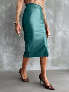 Women's Split Hem Pu Skirt - Dark Green - View 5