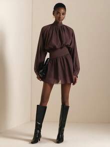 SHEIN Veneréa Autumn New Ruffled Hem Printed Long Sleeve Waist Cinched Mini Dress Chocolate Brown Dress