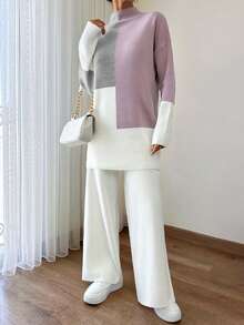 EURMUSE 女士拼色毛衣和纯色阔腿毛衣裤套装 - 彩色 - 查看 5