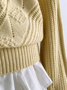 SHEIN Unity Suéter holgado de punto con escote en V, manga larga y diseño hueco, minimalista y dulce en color amarillo, para otoño/invierno