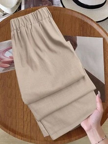 GlowEve CURVE Quần ống đứng cạp chun màu tương phản cỡ lớn cho nữ thường ngày - Màu Khaki - Xem 2