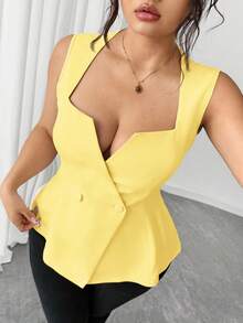 Elenzga Blusa sin mangas de unicolor elegante para tallas grandes con cuello en V - amarillo ganso - Ver 5