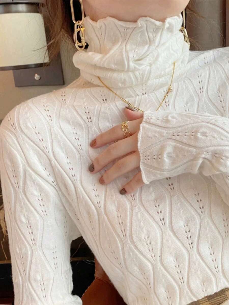 INAWLY Damen einfarbiger Rollkragen Langarm modischer Hohlstrick Lässig Pullover Sweater