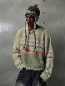 NEON BLANC Men's New Fashion Casual Colorblock Striped Pattern Loose Fit Fluffy Knit Pullover Sweater, Machine Washable Or Dry Clean, For Fall Winter