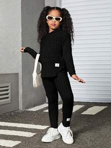 Slogan Patched Drop Shoulder Hooded Tee & Leggings - Black - View 3