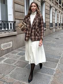Chiquease Women's Elegant Brown Plaid Woolen Coat,Autumn Winter Suit Jacket,Office Business Overcoat,Color-Block Patterned Top For New Year Party Christmas - Brown - View 3