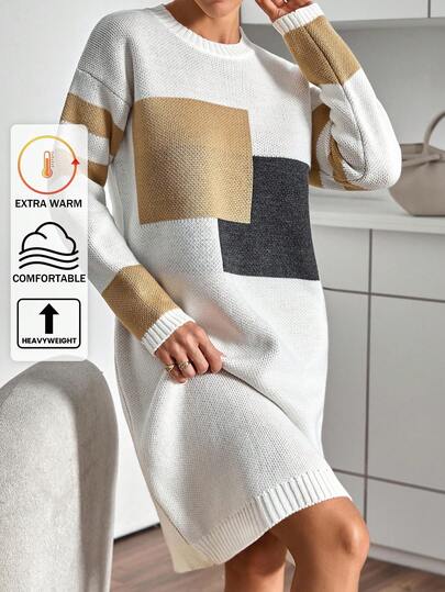 EURMUSE Women's Contrast Color Round Neck Drop Shoulder Long Sleeve Casual Loose Knit Dress Minimal Chic Modest Elegant Knit Turtleneck Long Sleeve Solid Color Pullover Sweater Slim Casual Warm Winter Top For Women Color Block Sweater Dress Patchwork Dress Jumper Dress