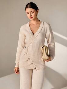 CLARA VERO Elegant Deep V Neck Drop Shoulder Draped Asymmetric Cut Cardigan,Autumn,Winter Clothes,Autumn Outfits Women,Cardigans,Autumn Clothes,Winter Clothes Women,Jumpers For Women,Cardigans For Women - Apricot - View 3