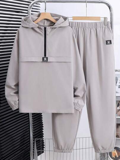 SHEIN Teen Boy Letter Print Hoodie Jacket And Jogger Pants Casual Outfit