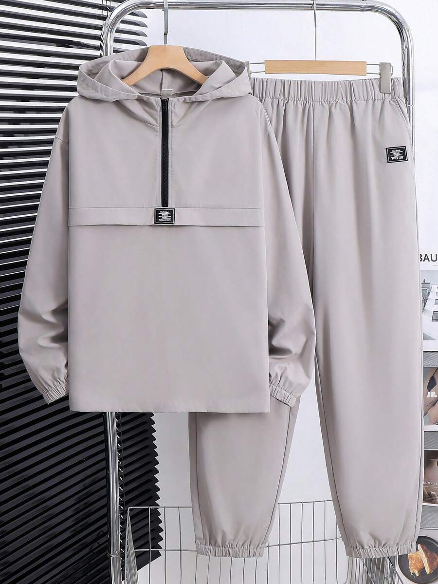 SHEIN Teen Boy Letter Print Hoodie Jacket And Jogger Pants Casual Outfit - Light Grey - View 1