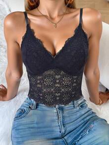 SHEIN 1 pieza Camiseta interior sin costuras y sin aros de encaje para mujer - Negro - Ver 5