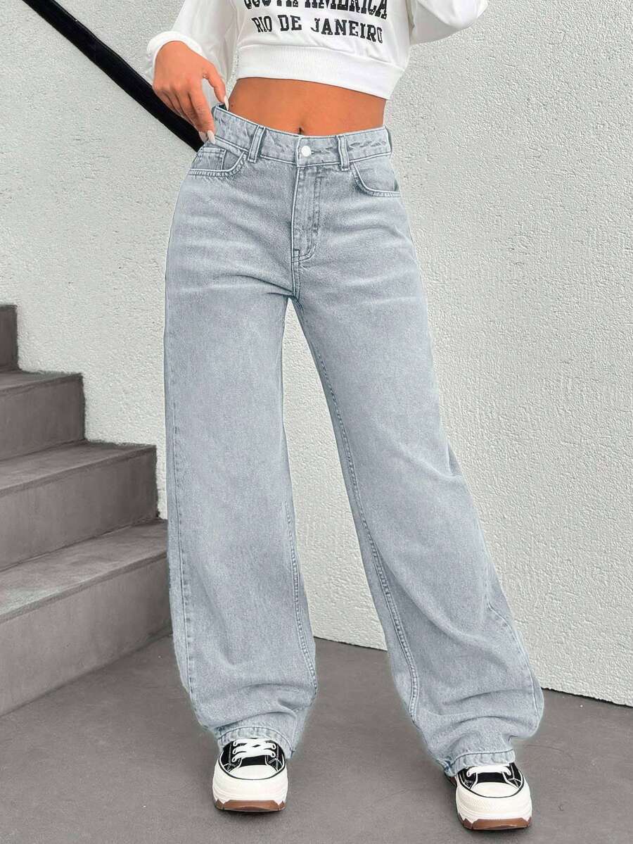 SHEIN Cottnline Low Waist Back Jacron Detailed Wideleg Jean - Baby Blue - View 1