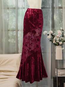 SHEIN Unity Elegant Banquet Red Flocked Mesh Flocked Skirt For Women, Autumn/Winter - Red - View 1