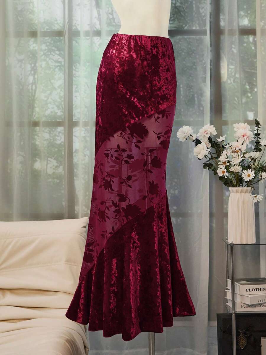 SHEIN Unity Elegant Banquet Red Flocked Mesh Flocked Skirt For Women, Autumn/Winter - Red - View 1