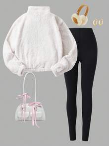SHEIN ChillGRL مجموعة من قطعتين تتكون من هوديي بجيب وياقة فرو للبنات وسروال ضيق أحادي اللون، مريح وملائم للارتداء، للخريف/الشتاء - أبيض - مشاهدة 2