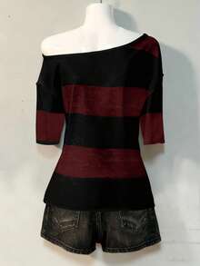 Attitoon 不对称领休闲宽松百搭大码女式T恤 - 紅色 - 查看 2