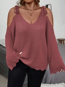 SHEIN LUNE Áo len tay loe trễ vai màu trơn cỡ lớn, mùa thu - Bụi hồng - Xem 1