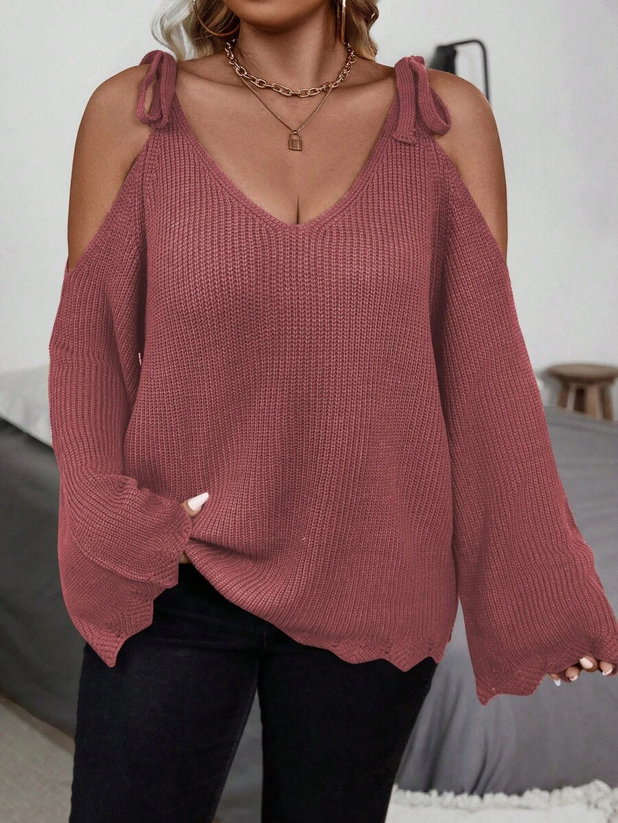 SHEIN LUNE Áo len tay loe trễ vai màu trơn cỡ lớn, mùa thu - Bụi hồng - Xem 1