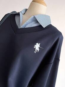 1pc Teen GirlSweatshirt With Collar Splice, Long Sleeve, Ribbed Cuffs And Hem, Casual Urban College Style Sweatshirt, Autumn