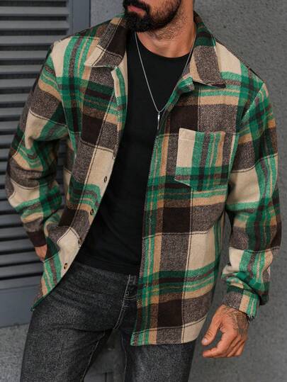 EGENSIO 加大码男士休闲格子长袖外套，秋冬季，送给男友/老公的完美节日礼物，圣诞节