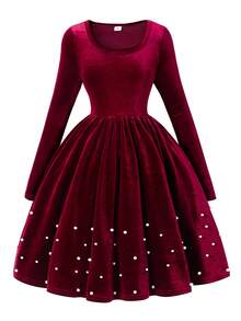 Girls' Vintage Elegant Velvet Scoop Neck Long Sleeve Dress, Fashion Beaded Hem Decoration, Autumn/Winter Christmas Outfits Elegant Long Sleeve Dress Christmas Dress Velvet Dress Vintage Girls Dress  Princess  Halloween/Christmas Party Dresses For  Vacation  Autumn And Winter