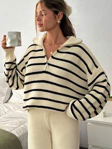 EURMUSE CLARA VERO 休闲半拉链领口撞色条纹落肩舒适毛衣和阔腿纯色高腰针织裤两件套针织套装适合秋冬女装 - 黑與白 - 查看 7