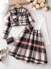 青少年女孩格子拼布长袖连衣裙和立领夹克套装 - 棕色 - 查看 1