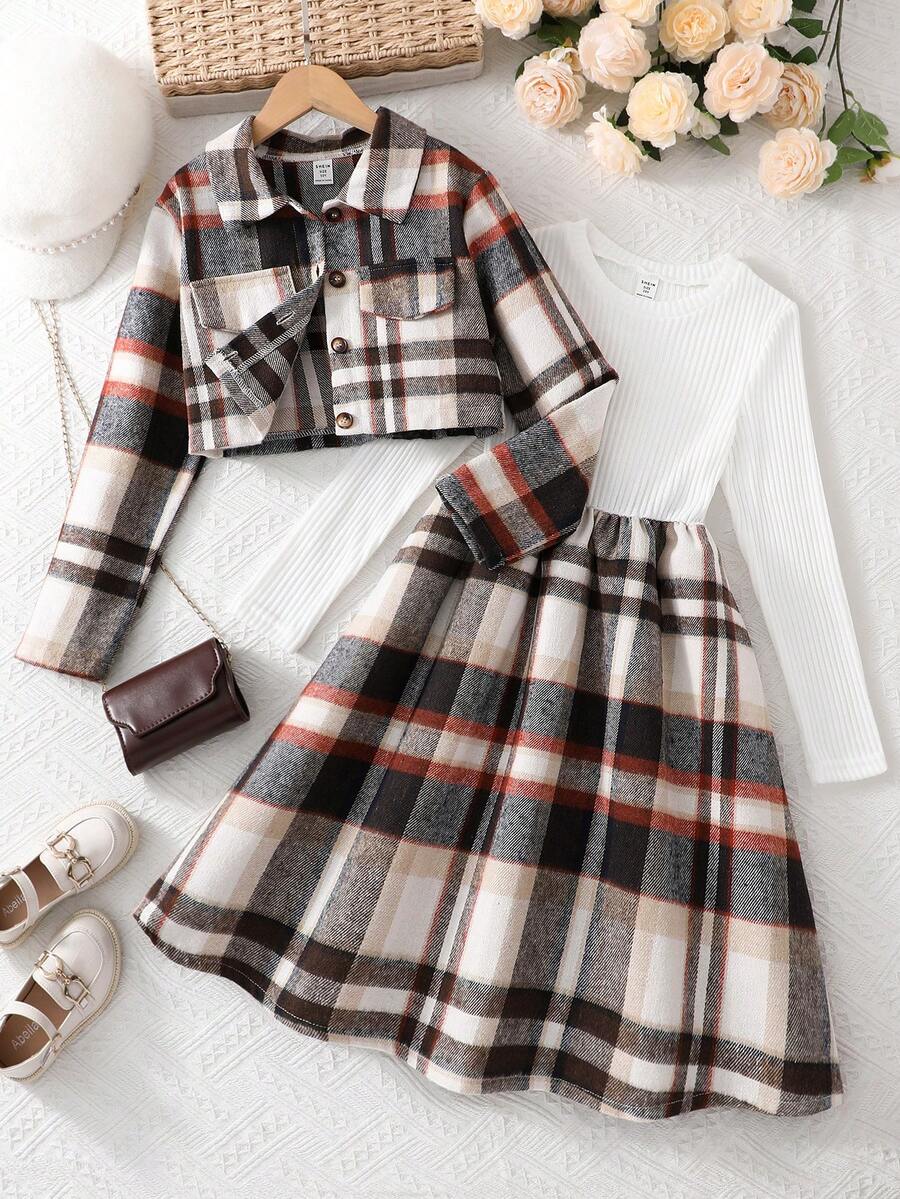 青少年女孩格子拼布长袖连衣裙和立领夹克套装 - 棕色 - 查看 1