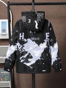 男童休闲时尚墨山字母图案连帽外套，适合日常穿着，秋冬季百搭