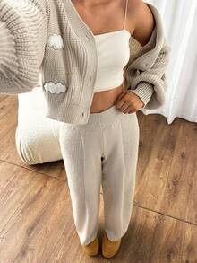 EURMUSE Women Hairy Yarn Cloud Pattern V-Neck Front Button Drop Shoulder Chunky Cardigan Sweater Pants Set Brunch Beige Autumn Casual Cute - Apricot - View 5