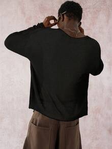 STYNVO Men's Loose Fit Eyelet Lace-Up Design Long Sleeve Sweater, Autumn, Fall - Black - View 2