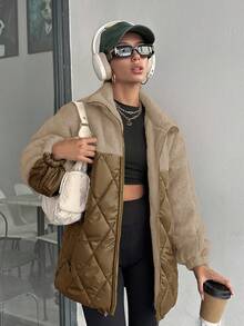 RueChic 女士夹棉大衣，采用泰迪熊面料拼接，钻石形针脚线 - 棕色 - 查看 7