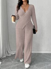 Calvaya Plus Size Soft Knit Ribbed Fabric Criss-Cross Long Sleeve T-Shirt + Soft Ribbed Wide Leg Pants Casual Homewear 2 Pieces Set - Pink - View 1
