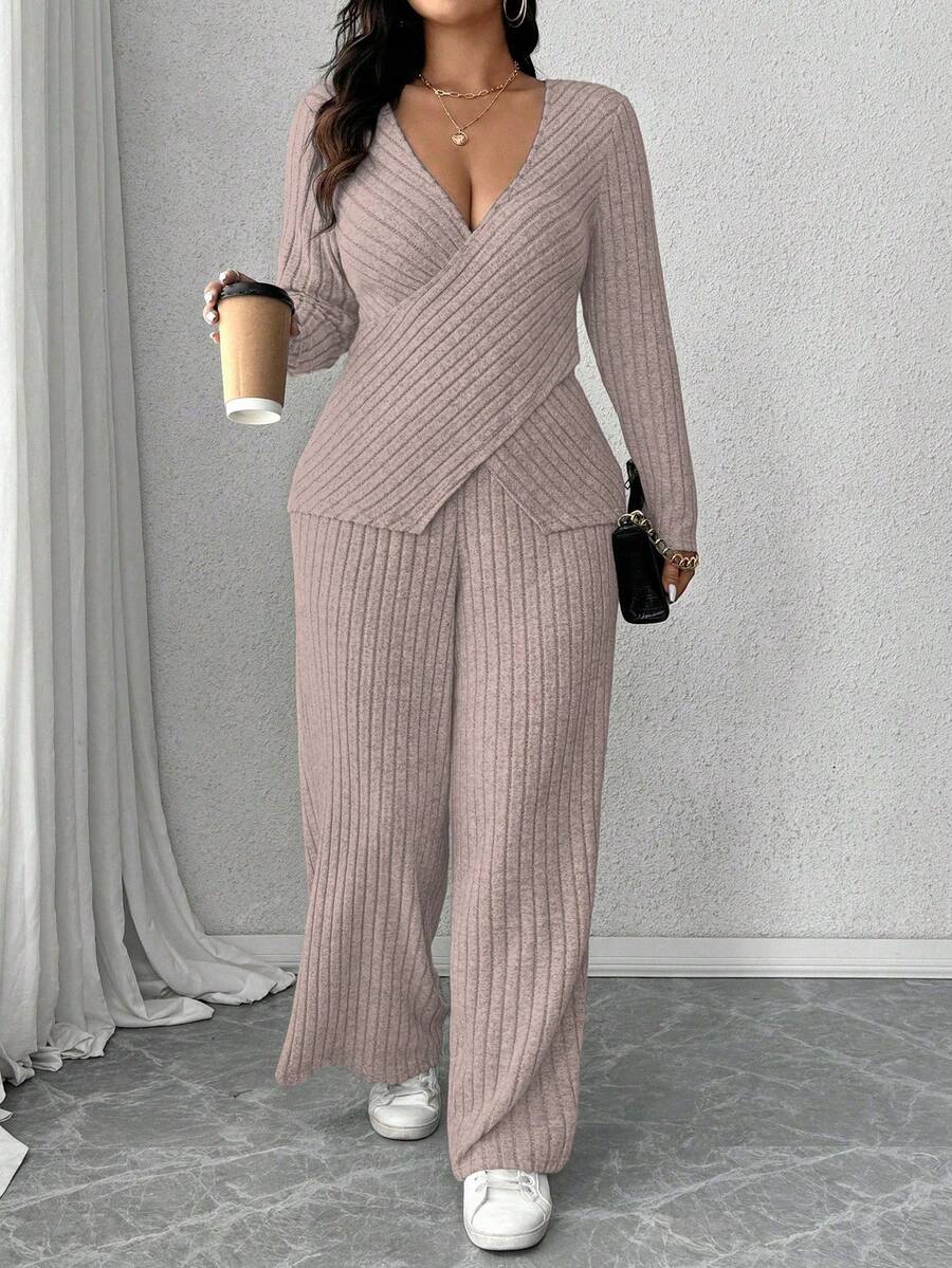 Calvaya Plus Size Soft Knit Ribbed Fabric Criss-Cross Long Sleeve T-Shirt + Soft Ribbed Wide Leg Pants Casual Homewear 2 Pieces Set - Pink - View 1