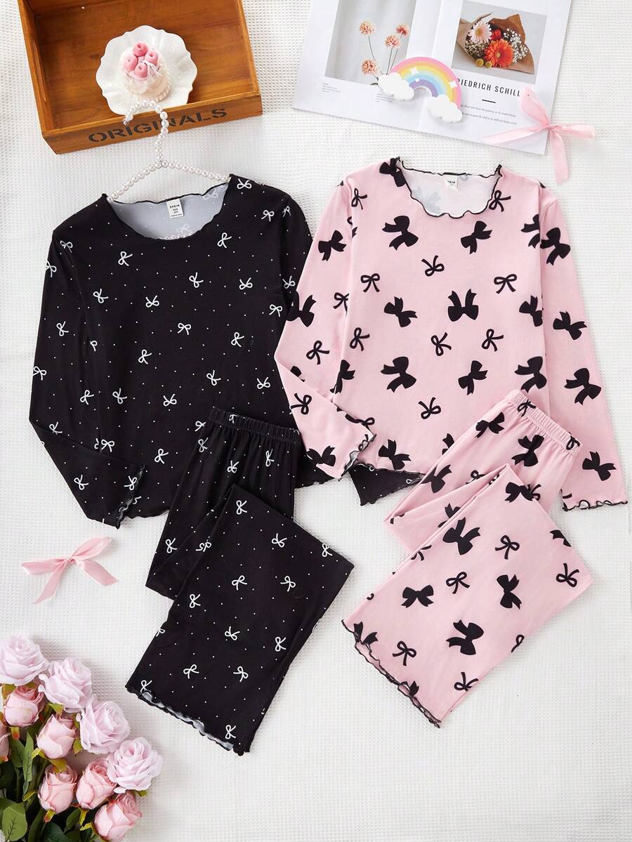 2pcs/Set Girls Bow Print Knit Crew Neck Long Sleeve Top And Pants 4-Piece Pajama Set, Spring/Autumn - Multicolor - View 1