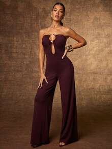 Hauture Mono sin tirantes de pierna ancha con detalles de corte y ribete de serpiente dorado