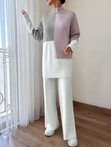 EURMUSE 女士拼色毛衣和纯色阔腿毛衣裤套装 - 彩色 - 查看 7