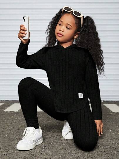 Slogan Patched Drop Shoulder Hooded Tee & Leggings