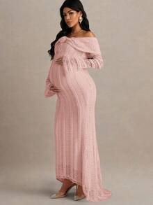 MaterniChic 孕妇露肩长袖喇叭袖纯色优雅紧身长裙，带有 3D 花卉装饰 - 粉色 - 查看 6