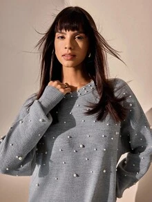 CLARA VERO Damen einfarbiges Minikleid mit Rundhalsausschnitt, Perlenverzierung und Drop Shoulder-Ärmeln - Hellgrau - Übersicht 3