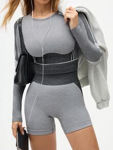 Eassivo Damen Kontrast-Farben Rundhals Langarm T-Shirt und Leggings Lässig Sportanzug