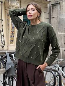 Chiquease French Style New Rhombus Studded Loose Pullover Sweater, Autumn/Winter - Army Green - View 5
