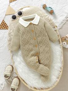 SHEIN 新生儿婴儿蓝色彼得潘领毛衣连体裤，绅士风小翻领连体裤，休闲简约 - 卡其色 - 查看 1